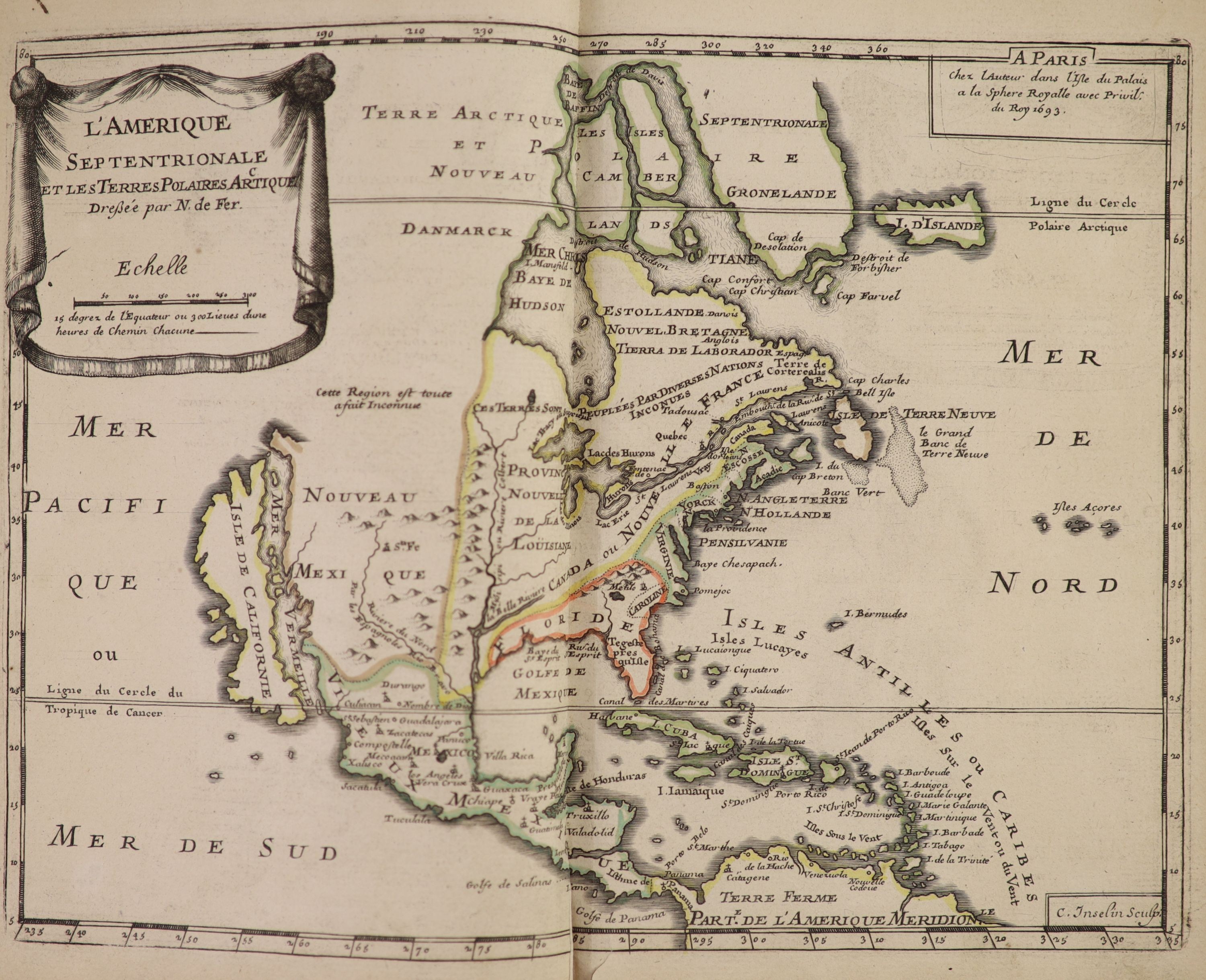 Fer, Nicholas de - Petit et Nouveau Atlas, 1st edition, oblong qto, original calf, title with armillary sphere and 19 double page mapsheets, all hand-coloured in outline, including North America, with California shown as